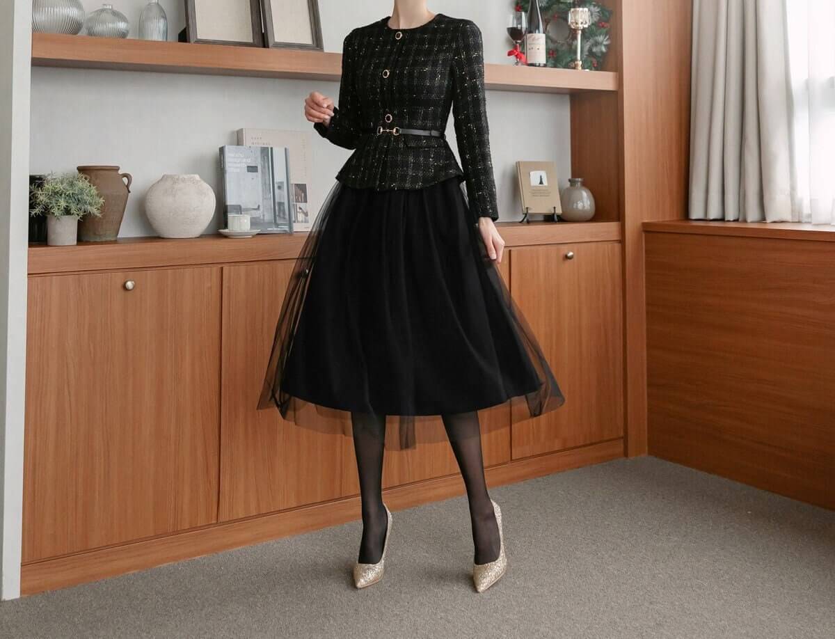 Elegant Feminin Long Sleeve Dress with Belt / Korean Style Peplum Jacket and Flare Skirt for One-piece Dress / Modern Chic Midi Dress