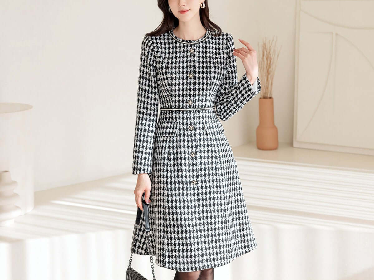 Elegant Classic Pearl Trimmed Tweed Flare Dress / Korean Style Feminine Houndstooth Dress / Luxury wear Elegant Party Dress
