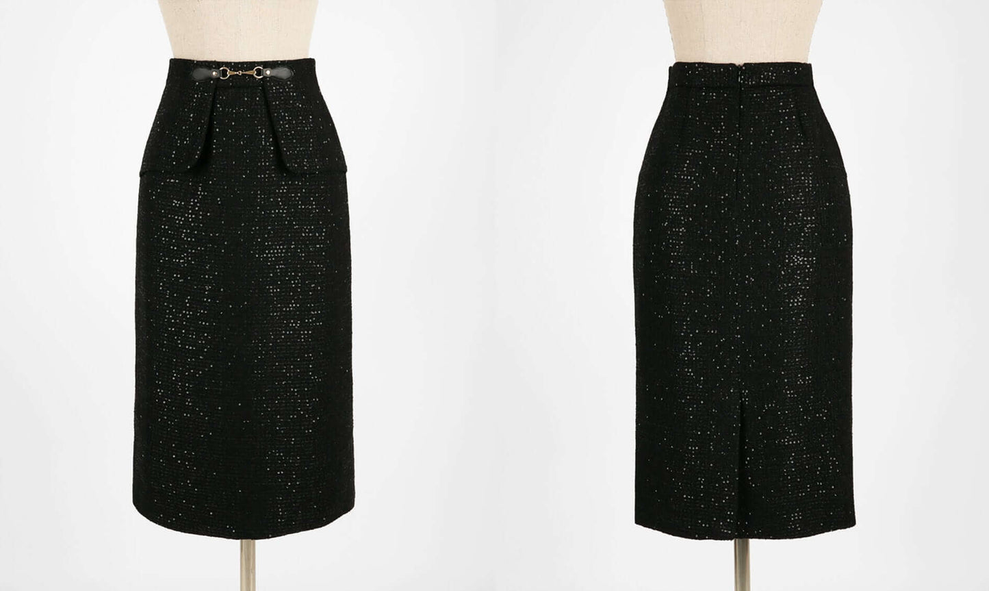 Elegant Feminin Black Tweed Peplum Skirt / Korean Style Office Look Set Up Skirt / Daily Midi Skirt for Fall to Spring