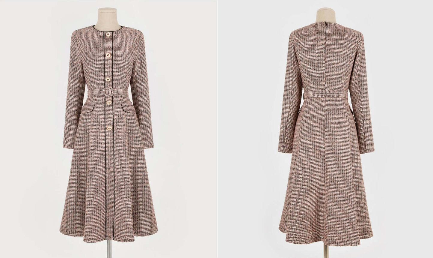 Elegant Classic Tweed Flare Dress with Belt / Korean Style Feminine Midi Dress / Luxury wear Elegant Party Dress
