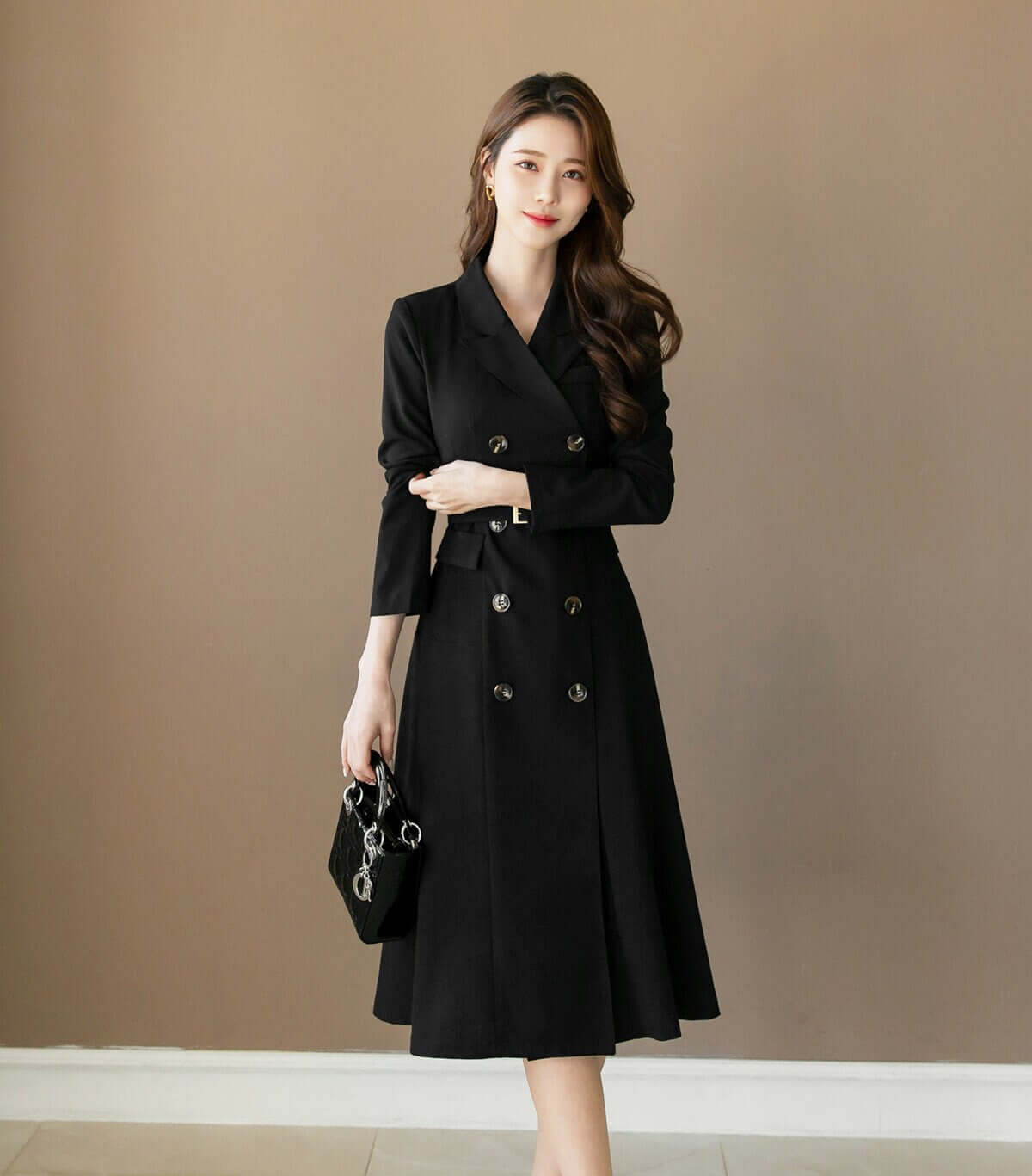 Classic Elegant Feminin Double Breasted Dress / Korean Style Midi Dress / Modern Chic Tailored Collar Dress / TrenchCoat Jacket Style Dress