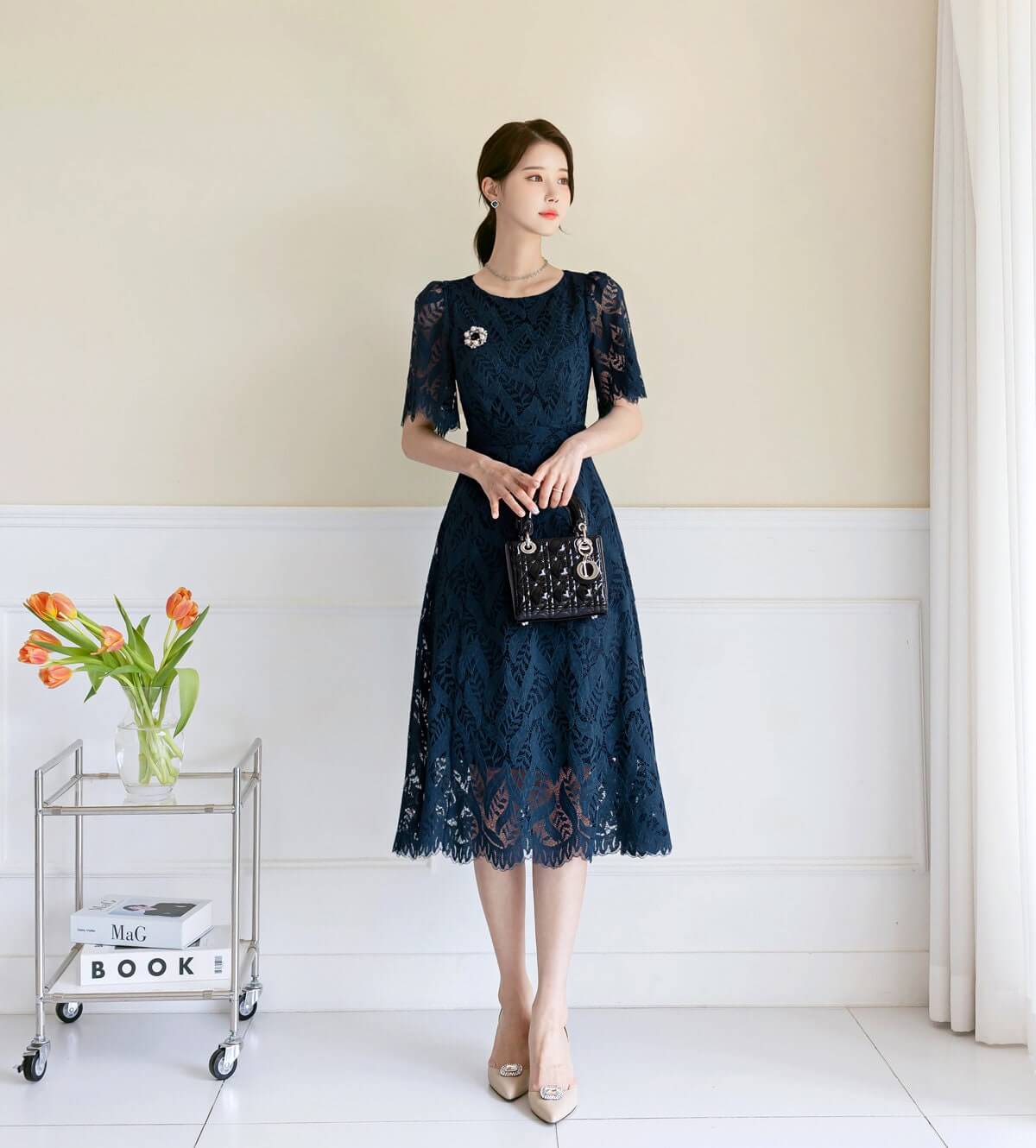 Short Sleeve Spring Summer Lace Dress / Korean Style Lace Midi Dress / Luxury wear Elegant Dress