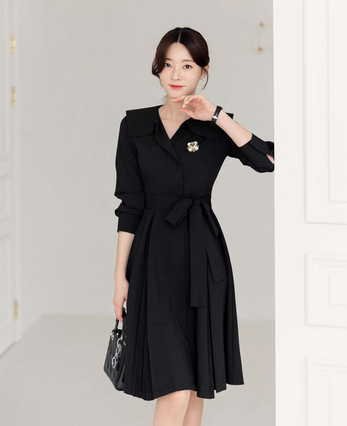 Classic Elegant Pleated Mini Dress with Strap Belt / Korean Style Mini Flare Dress / Elegant Daily Basic Dress