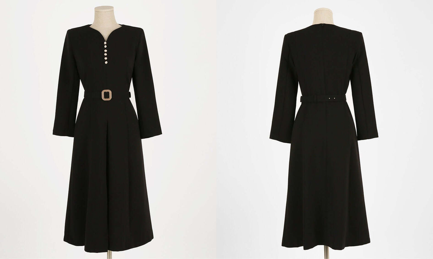 Elegant Feminine Flare Black Dress with Belt / Korean Style Midi Dress / Luxury Wear Elegant Dress for Spring, Fall