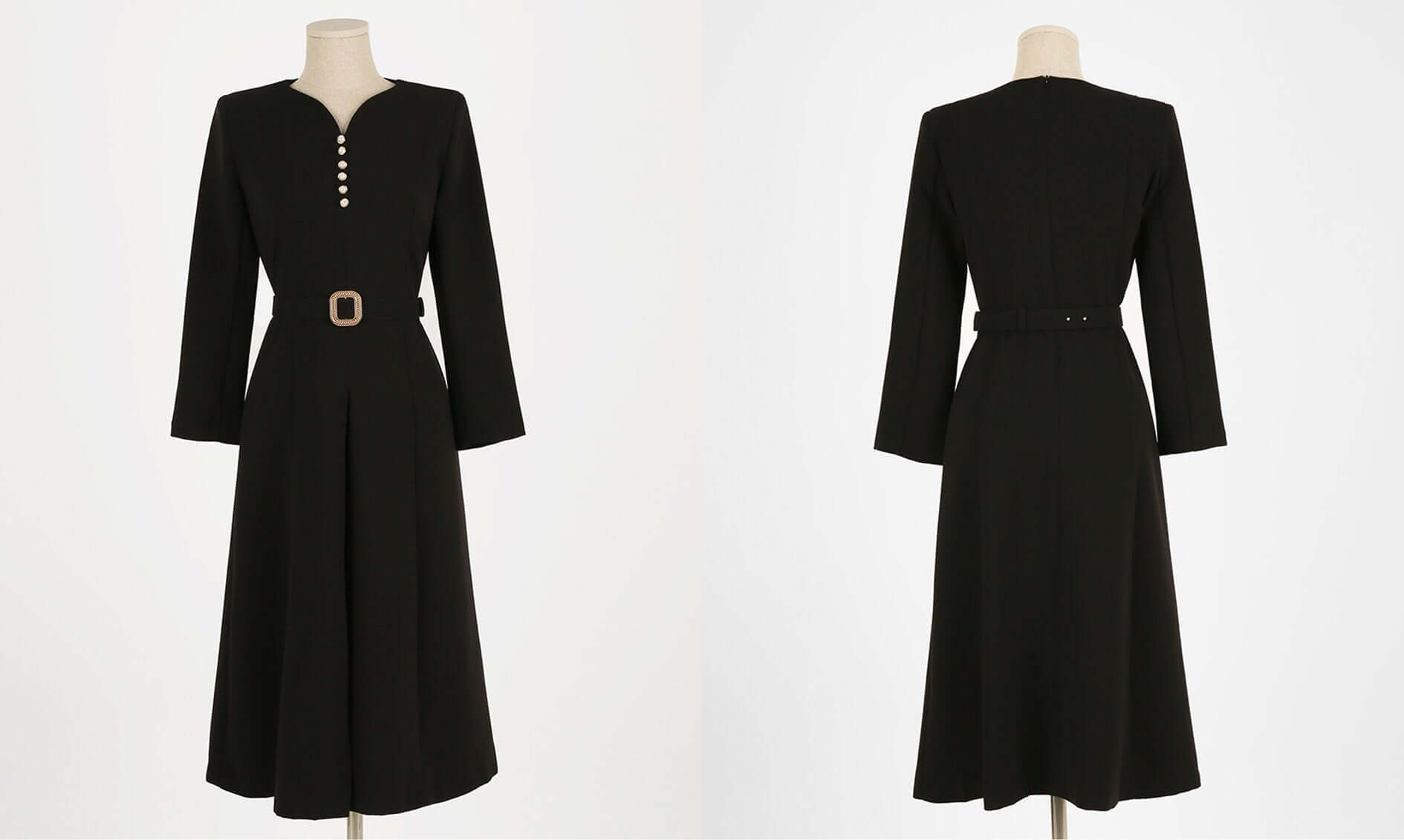 Elegant Feminine Flare Black Dress with Belt / Korean Style Midi Dress / Luxury Wear Elegant Dress for Spring, Fall