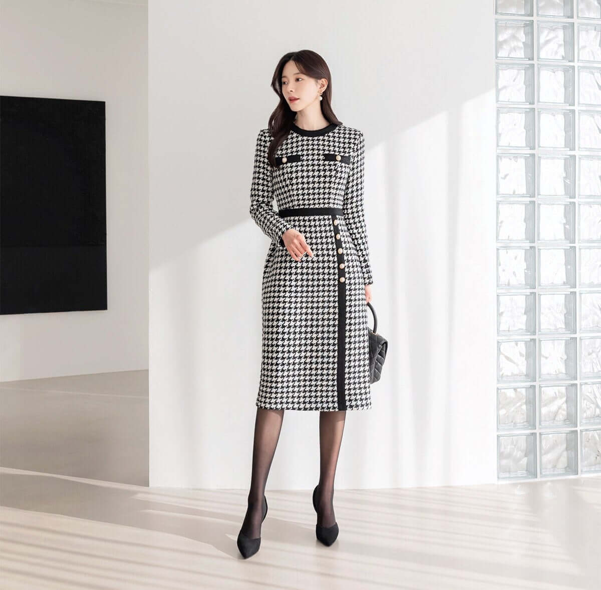Elegant Classic Houndstooth Tweed Dress / Korean Style Feminine Midi Dress / Luxury wear Elegant Party Dress