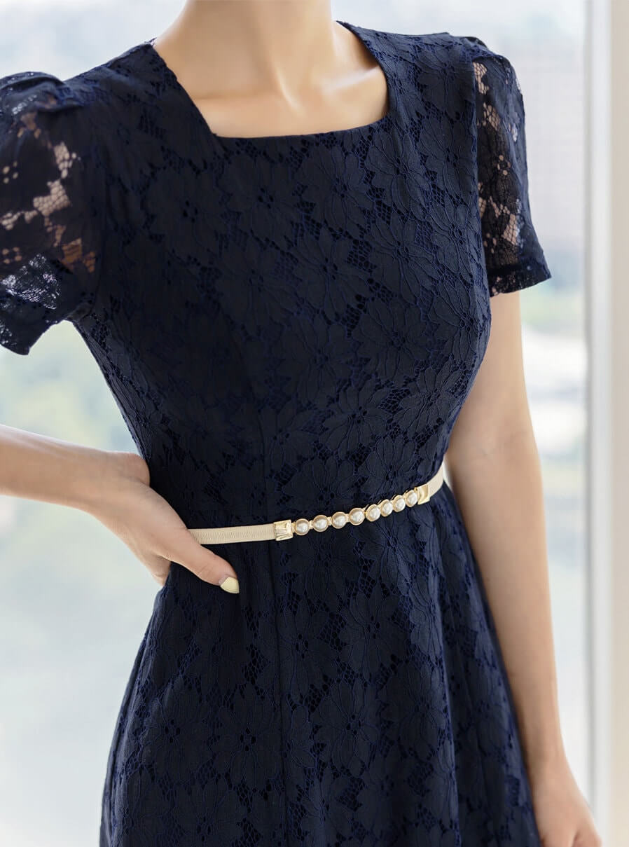 Square Neck Short Sleeve Spring Summer Lace Dress / Korean Style Lace Midi Dress / Luxury wear Elegant Dress