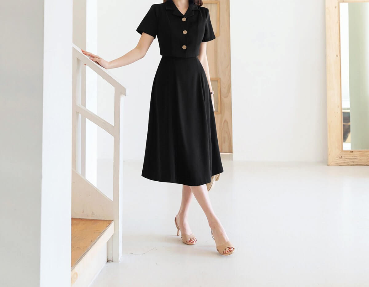 Cropped Top Jacket Layered Design Flare Dress / Korean Style Women Midi Dress / Elegant Feminin Black Dress / Basic Style Flare Midi Dress