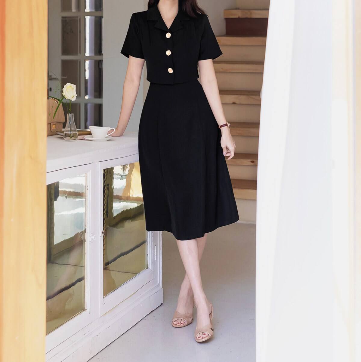 Cropped Top Jacket Layered Design Flare Dress / Korean Style Women Midi Dress / Elegant Feminin Black Dress / Basic Style Flare Midi Dress