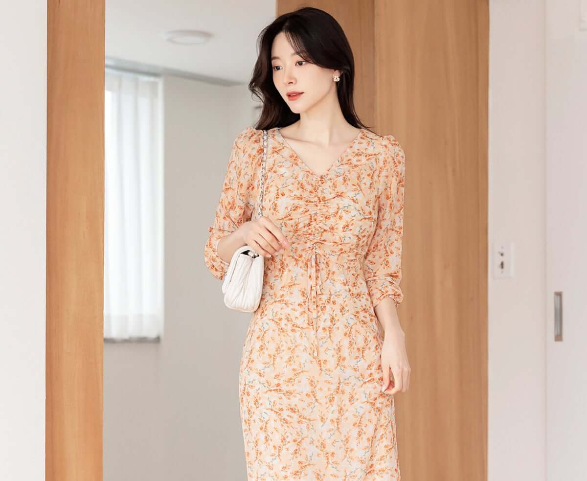 V Neck Floral Chiffon Long Dress / Long Sleeve Spring Summer Semi-Mermaid Midi Dress / Korean Style Feminin Midi Dress