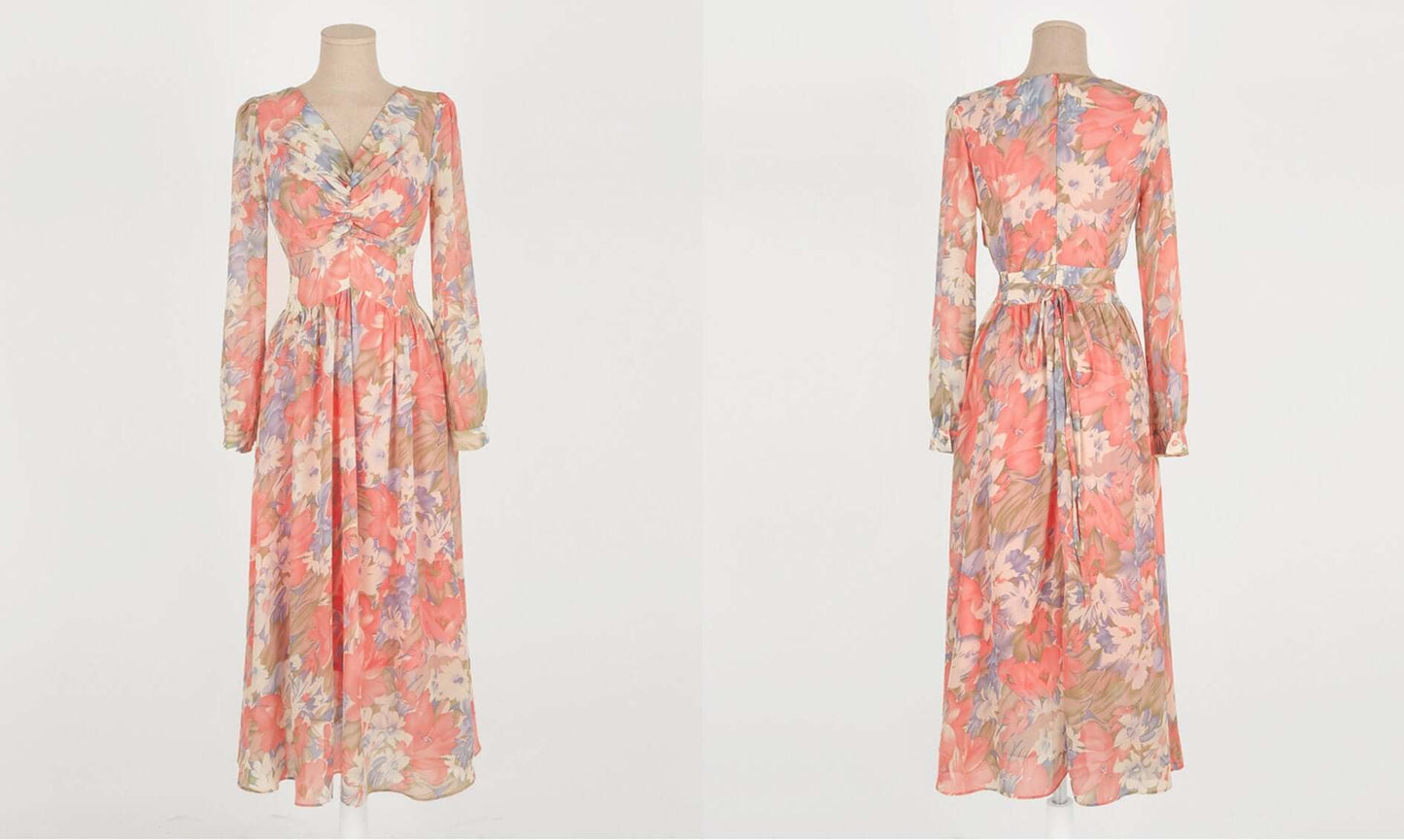 Feminin V Neck Floral Chiffon Long Dress / Long Sleeve Spring Summer Midi Dress / Korean Style Feminin Midi Dress