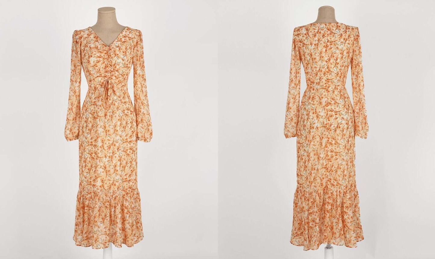 V Neck Floral Chiffon Long Dress / Long Sleeve Spring Summer Semi-Mermaid Midi Dress / Korean Style Feminin Midi Dress