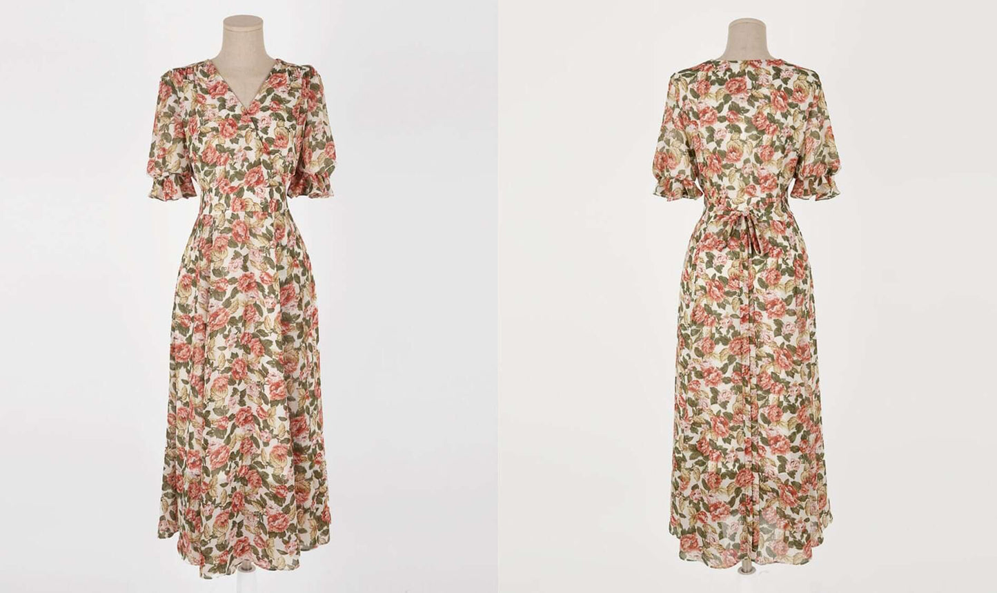Romantic Floral Wrap Style V-neck Long Chiffon Dress / Korean Style Women Short Sleeve Maxi Dress