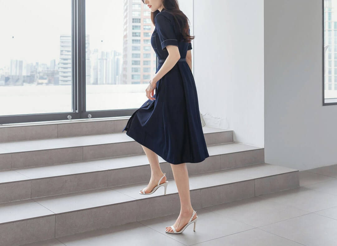 Elegant Feminin Short Sleeve Denim Shirtdress with Belt / Korean Style Frontl Button Flare Dress / Spring Summer Dress for Women
