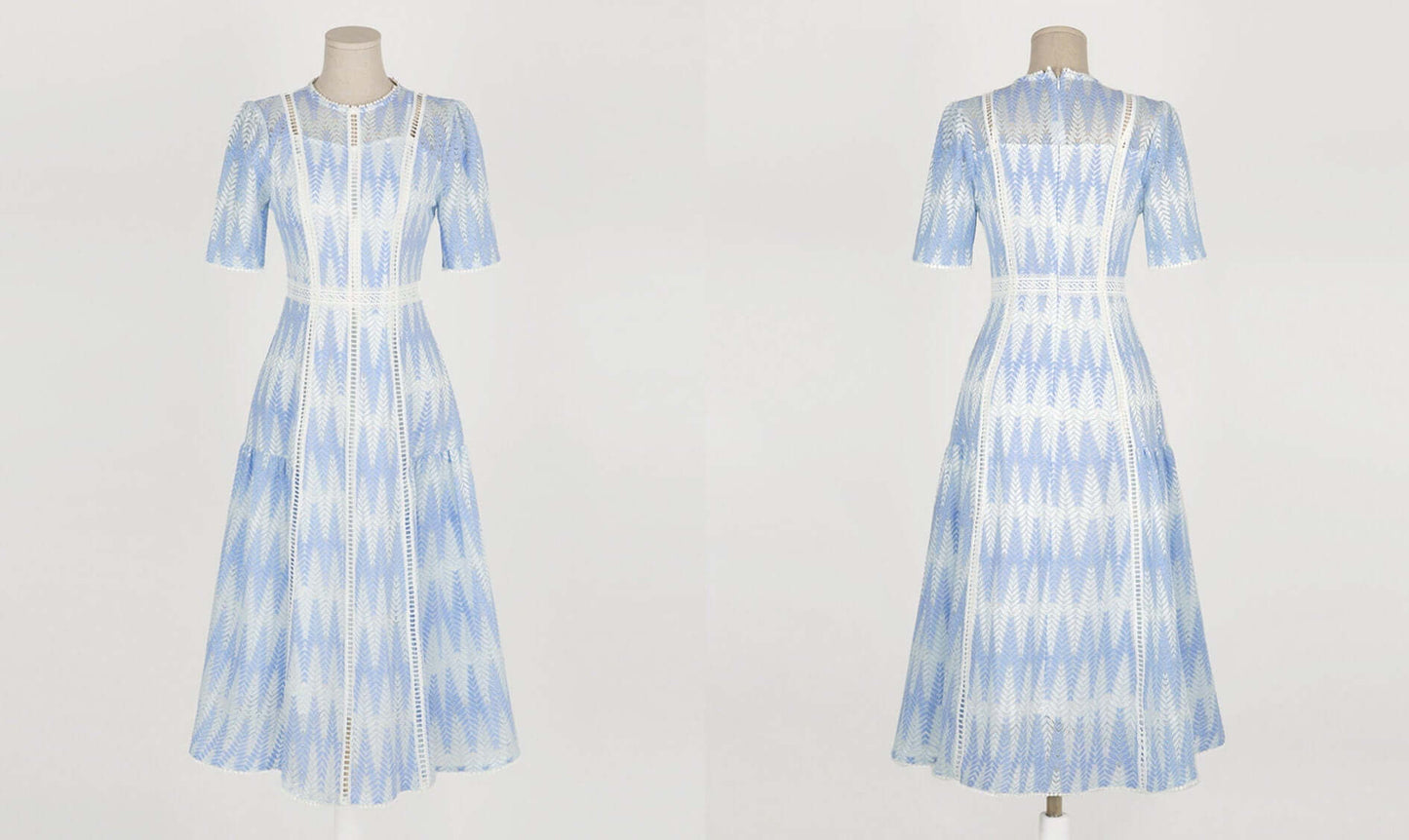 Short Sleeve Spring Summer Leaves Pattern Lace Dress / Korean Style Lace Midi Dress / Luxury wear Elegant Flare Dress