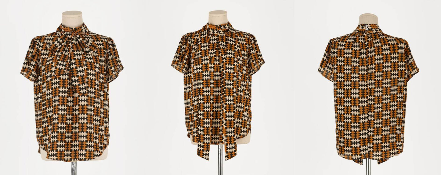 Modern Chic Pattern Short Sleeve Tie Blouse / Korean Style Tie Neck Blouse Top / Office Look Top / Everyday Soft Blouse