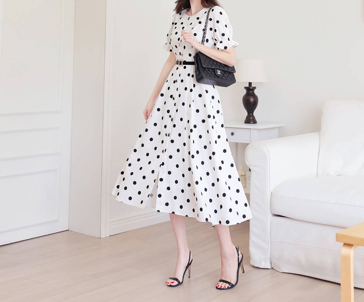 Elegant Feminin Puff Sleeve Linen blend Shirtdress with Belt / Korean Style Short Sleeve Dot Pattern Midi Dress