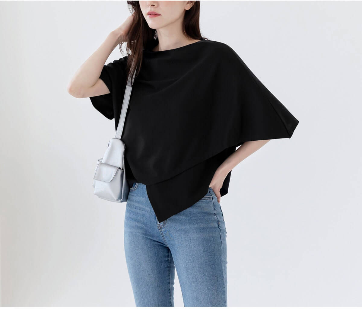 Spring Summer Loose Fit Cross Cape Top / Korean Style Women Clothes / Office Look Basic Top / Everyday Soft Blouse