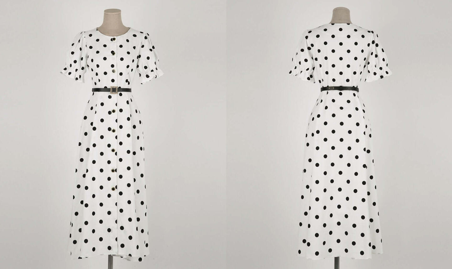 Elegant Feminin Puff Sleeve Linen blend Shirtdress with Belt / Korean Style Short Sleeve Dot Pattern Midi Dress