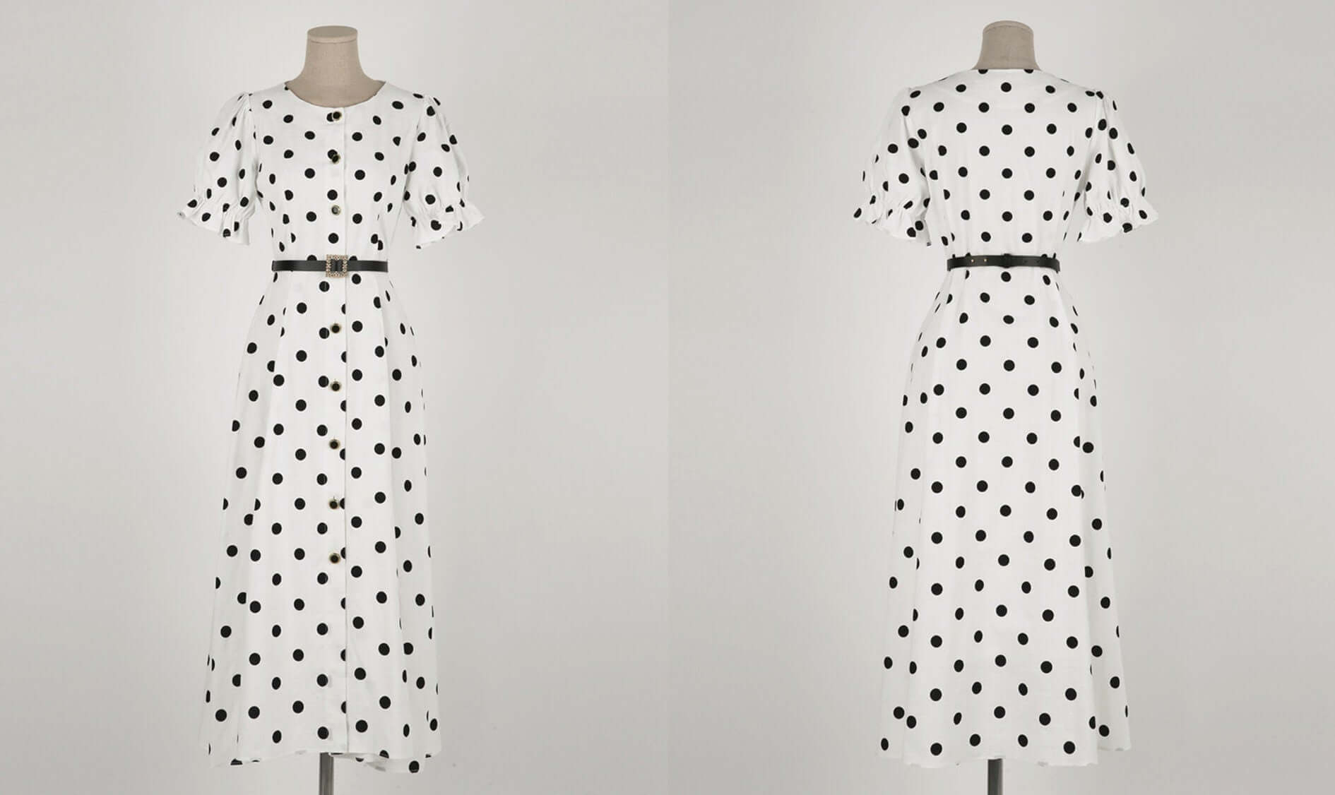Elegant Feminin Puff Sleeve Linen blend Shirtdress with Belt / Korean Style Short Sleeve Dot Pattern Midi Dress