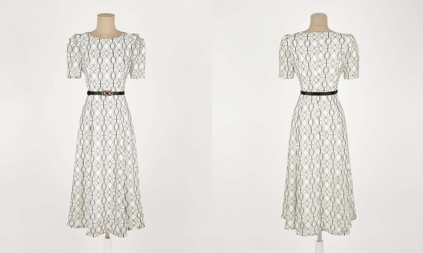 Elegant Unique Lace Dress with Belt / Korean Style Summer Lace Midi Dress / Luxury wear Elegant Feminin Flare Dress