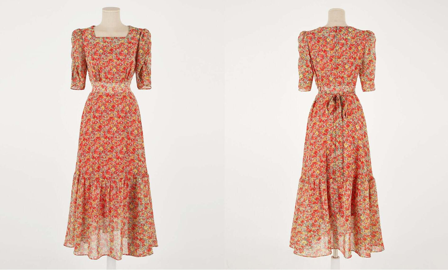 Summer Floral Puff Sleeve Square Neck Chiffon Midi Dress / Korean Style Women Dress / Lovely Long Dress