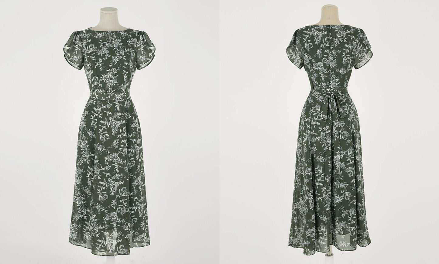 Elegant Feminin Summer Floral Chiffon Dress / Korean Style Short Sleeve Flare Dress / Short Sleeve Midi Dress