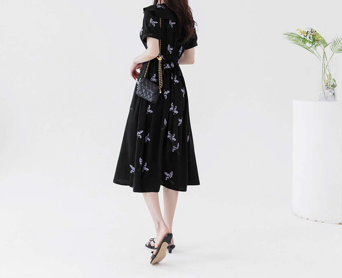Feminin Ruffled Flat Collar Neck Summer Short Sleeve Flare Dress / Korean Style Women Dress