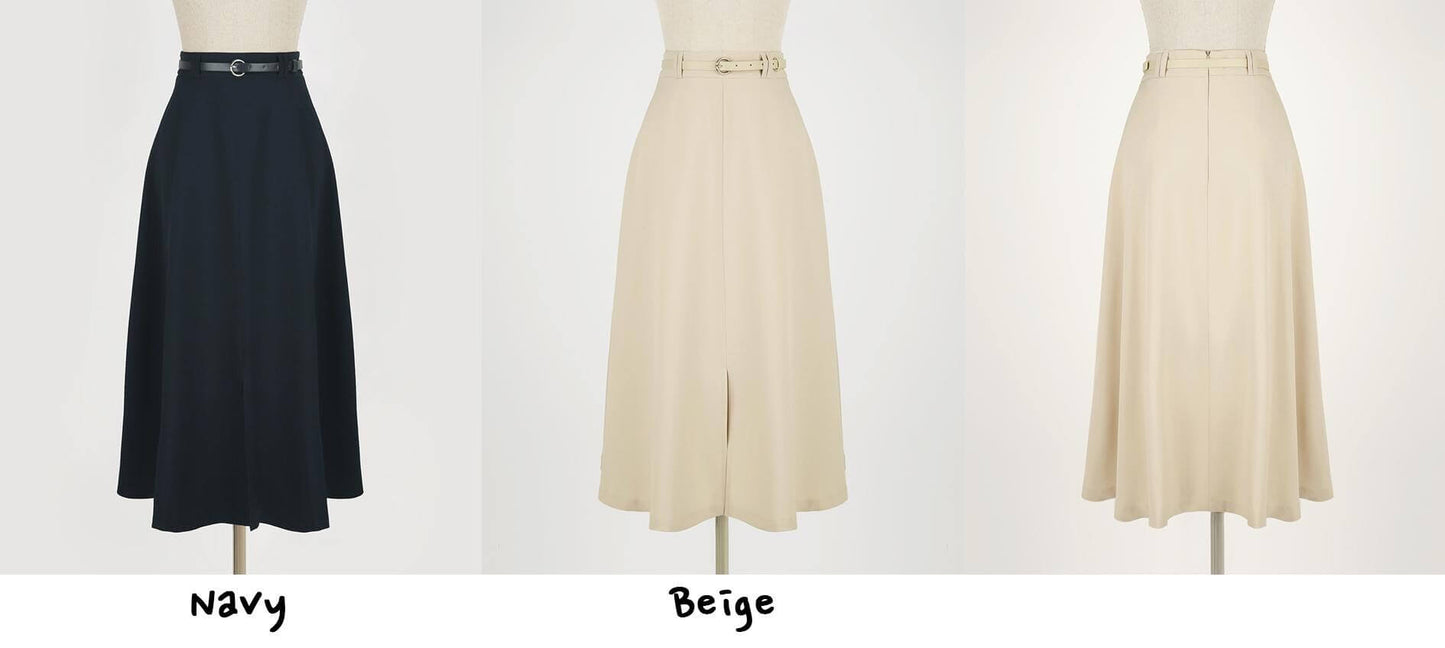 Elegant Feminin Front Slit Semi-Flare Skirt with Belt / Korean Style Spring Fall Daily Dressy Midi Skirt / Clasic Simple Flare Skirt