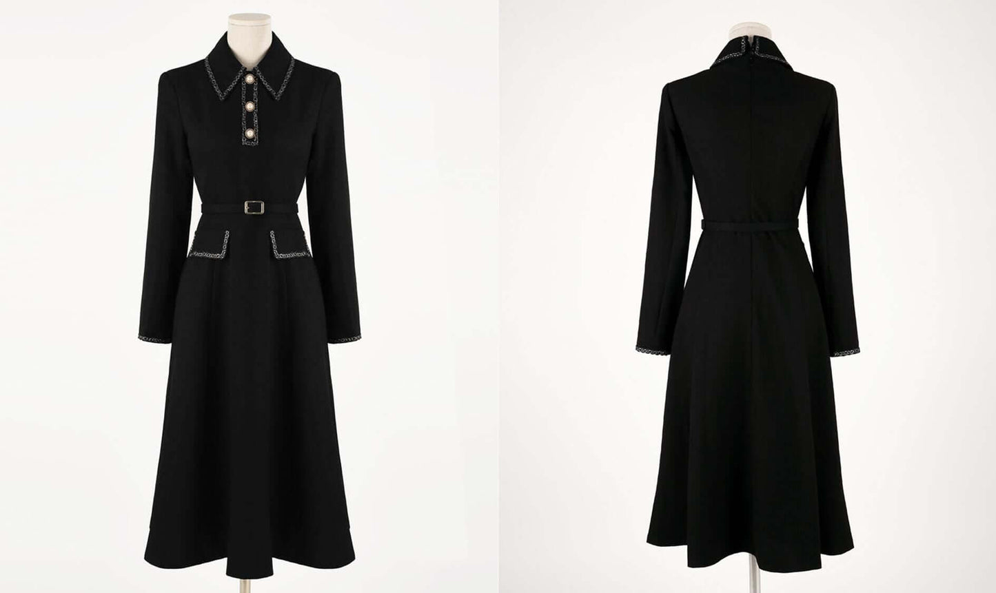 Elegant Tweed Flare Dress with Belt / Korean Style Classic Midi Dress / Luxury wear Elegant Dress in Black