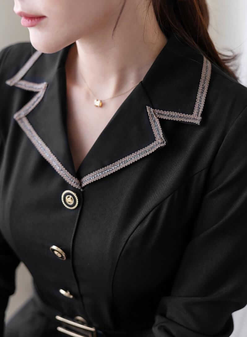 Classic Elegant Tailored collar Flare Dress with Belt / Korean Style Flare Dress / Luxury wear Elegant Dress