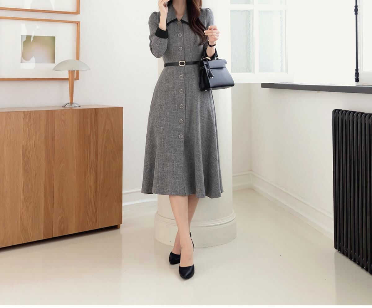 Elegant Feminin Tweed Dress with Belt / Korean Style Classic Midi Dress / Luxury wear Elegant Dress / Jacket Coat Style Dress