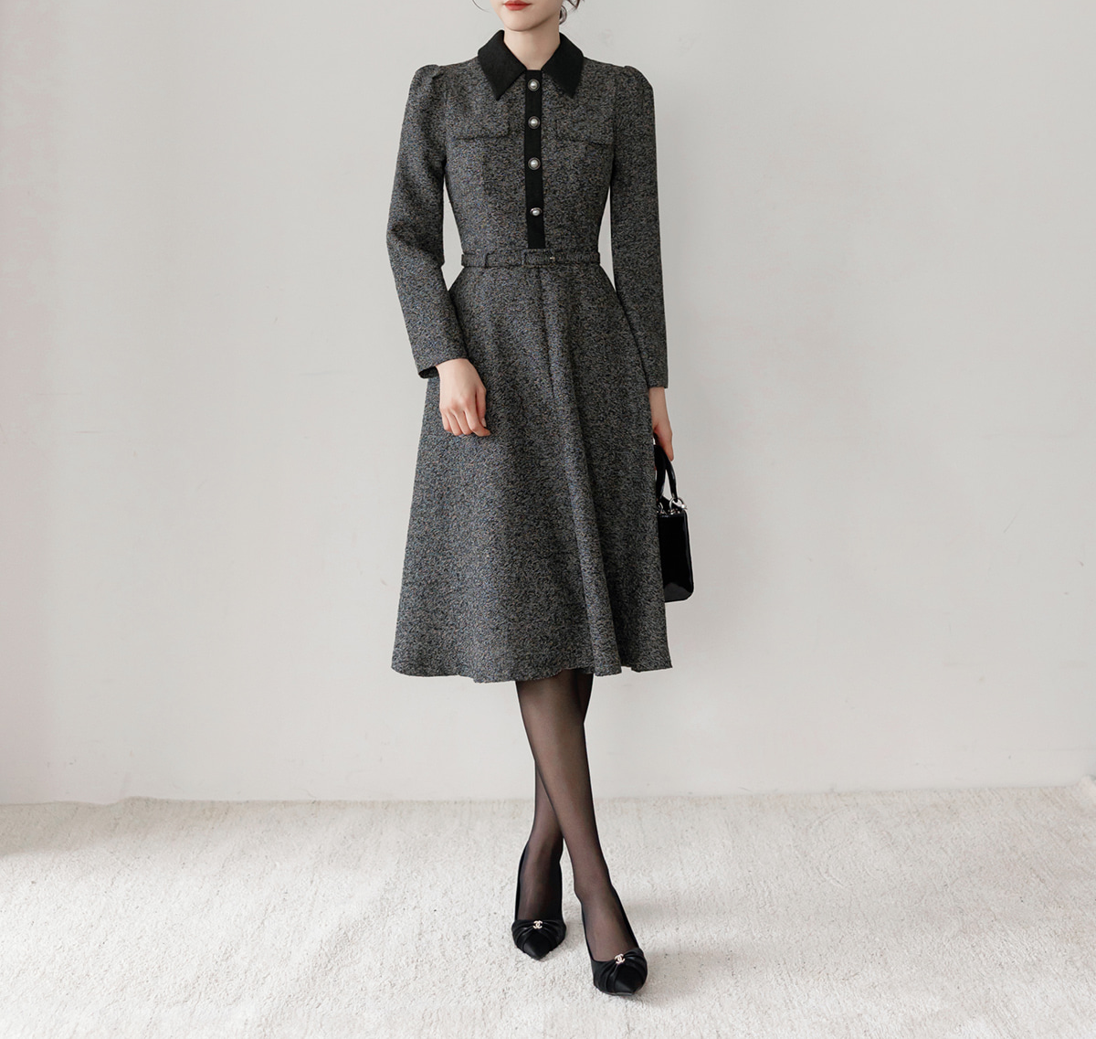 Classic Collar Elegant  Tweed Dress with Belt