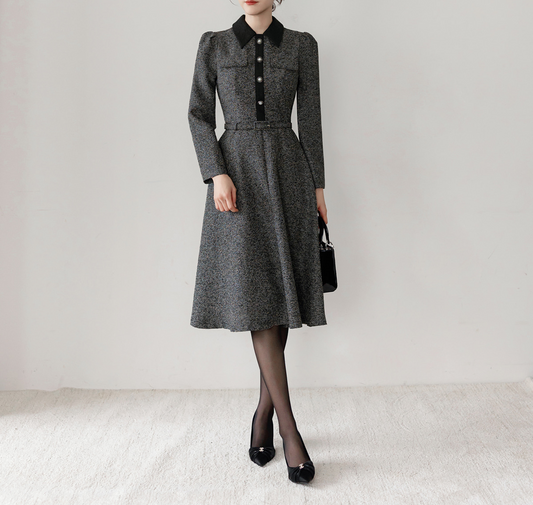 Classic Collar Elegant  Tweed Dress with Belt