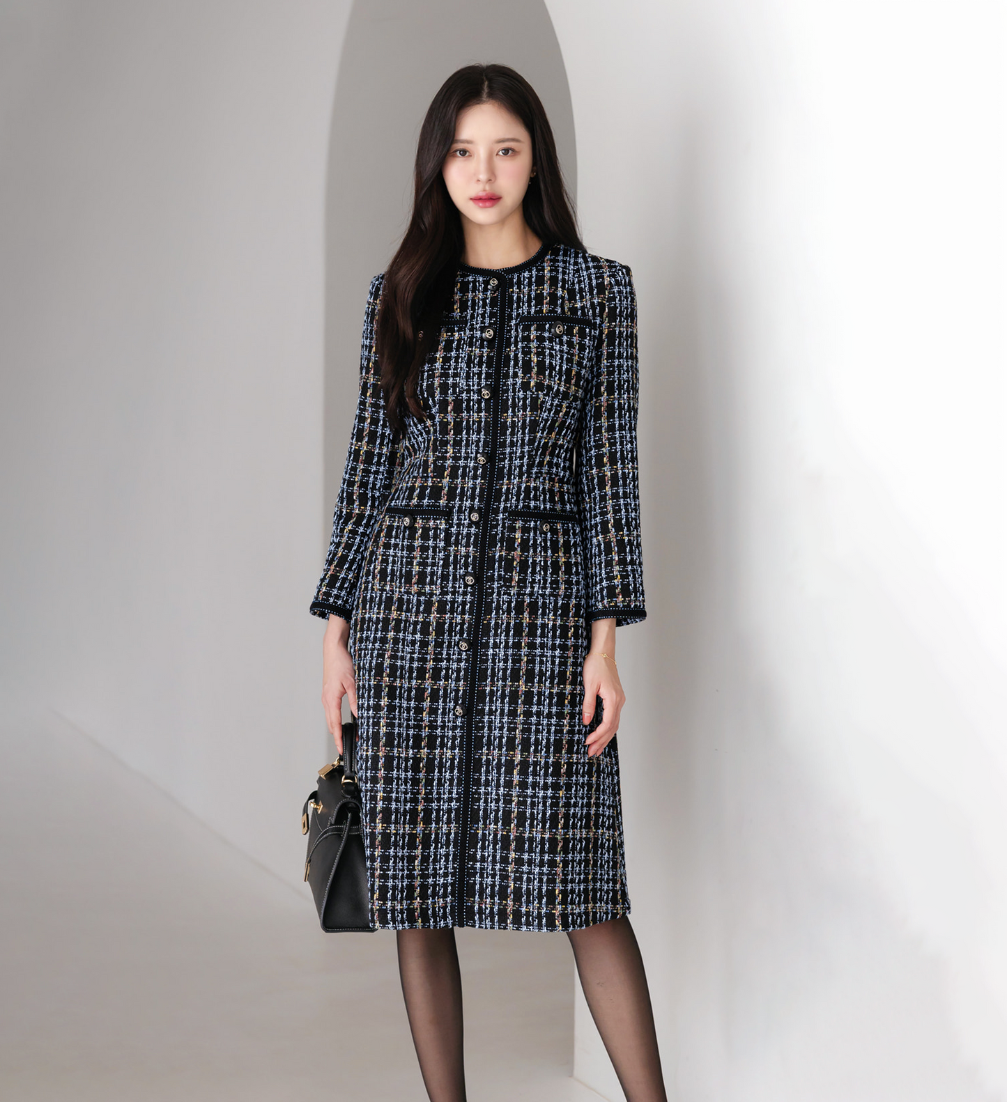 Elegant Contrast Tweed Dress Black