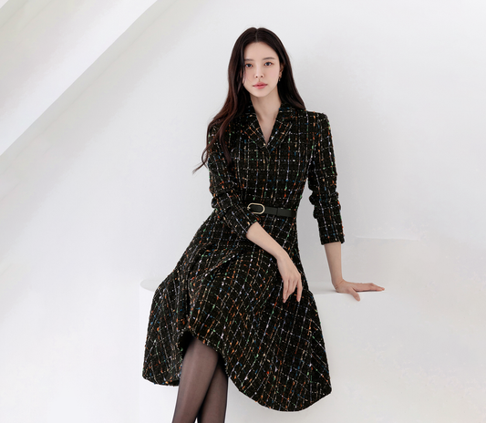 Elegant Tweed Flare Dress with Belted Waist and Gold‑Thread Detail