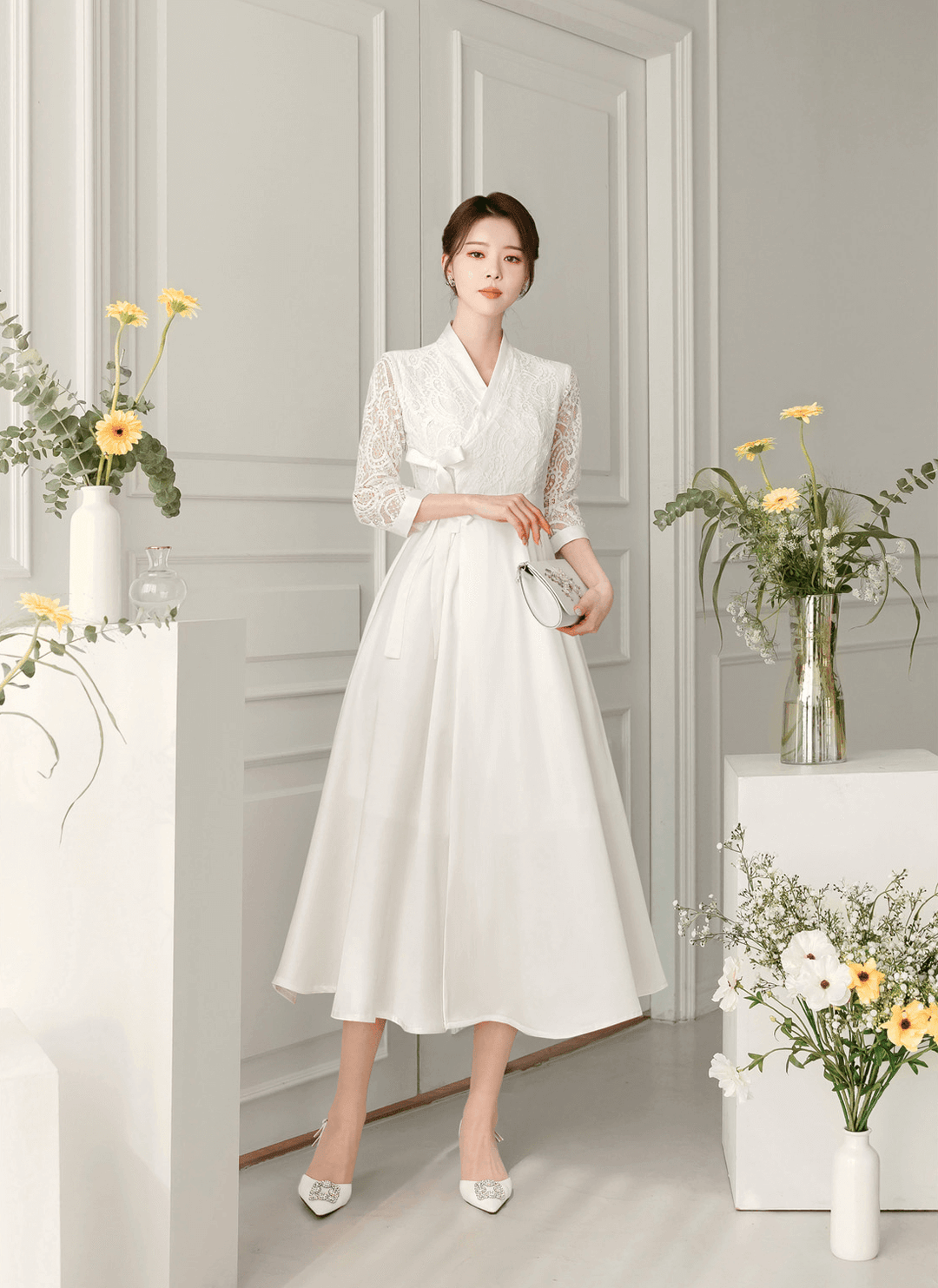 modern wrap dress Modern Hanbok Wrap Dress with Lace Bodice – STUDIO731