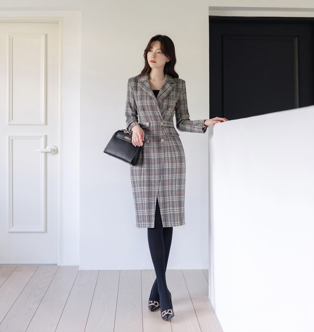 Glen Check Double-Breasted Tailored Dress