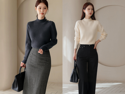 Soft Side‑Button Mock Neck Knit for Cozy Office & Everyday Style