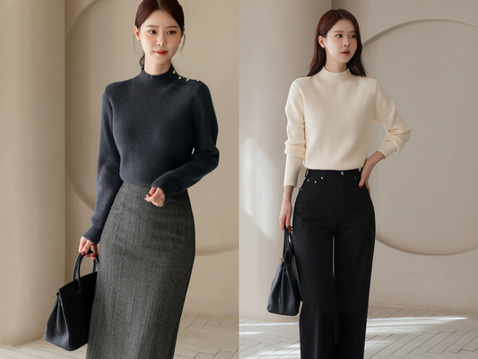 Soft Side‑Button Mock Neck Knit for Cozy Office & Everyday Style