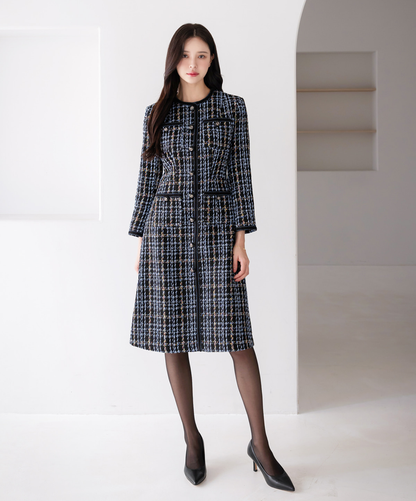 Elegant Contrast Tweed Dress Black