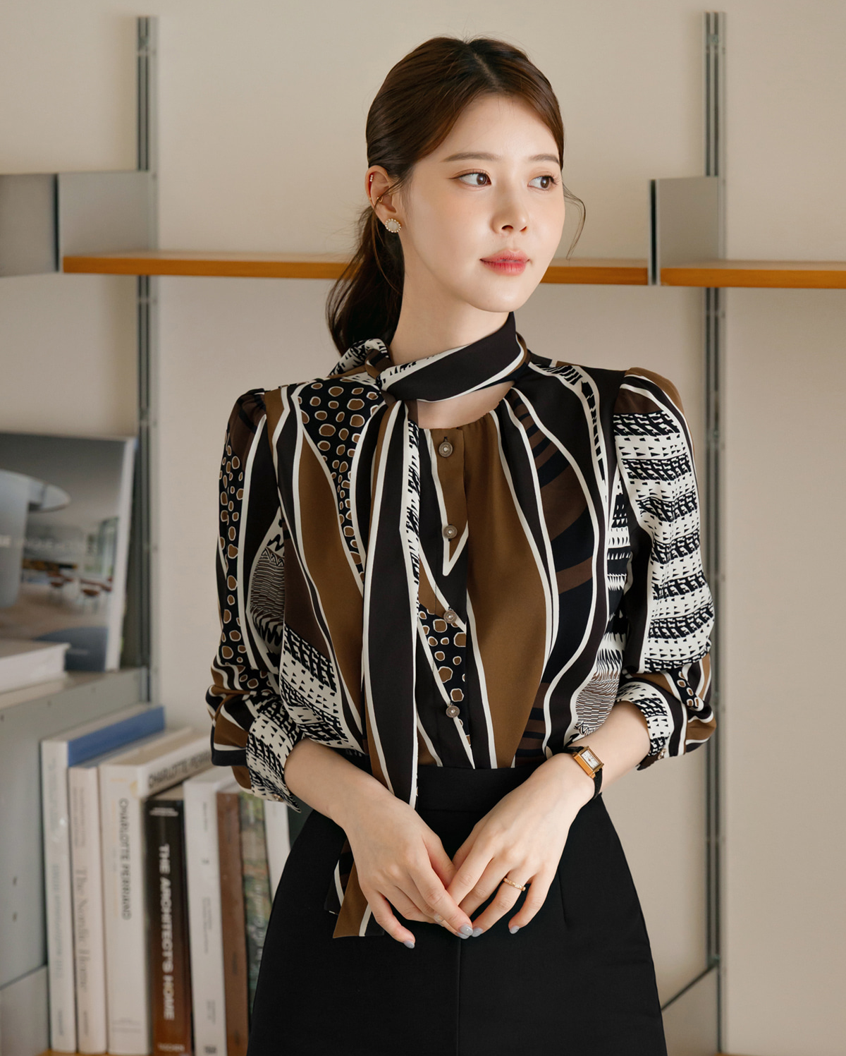 Refined Tie-Neck Blouse with an Artistic Print
