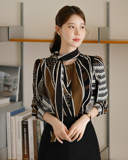 Refined Tie-Neck Blouse with an Artistic Print