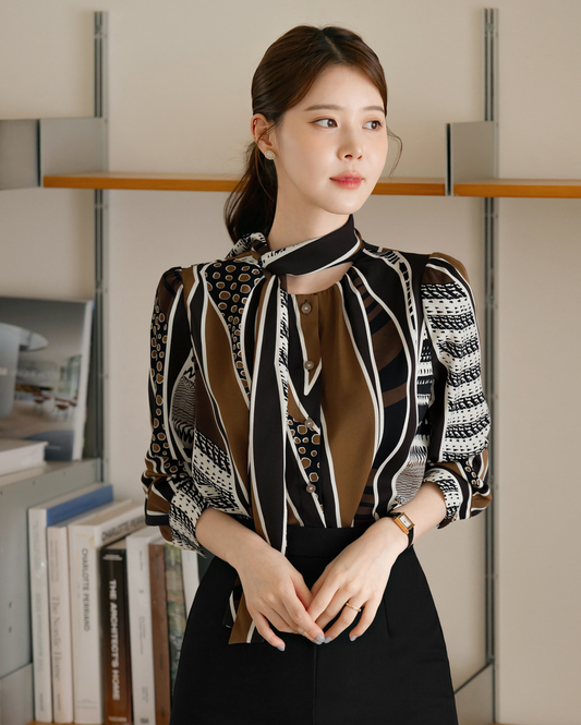 Refined Tie-Neck Blouse with an Artistic Print