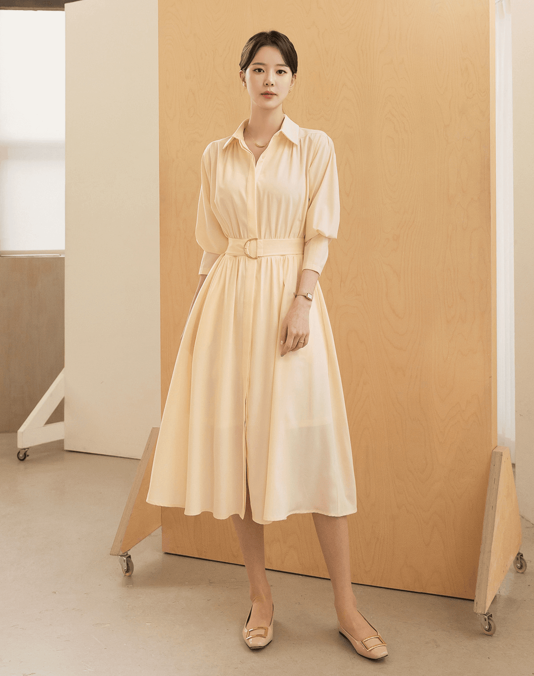 Elegant Shirt Collar Flare Dress with Belt  STUDIO731