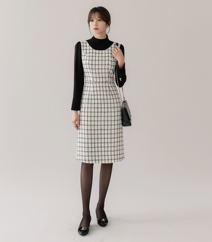 Layered Tweed Dress with Mock Neck Blouse