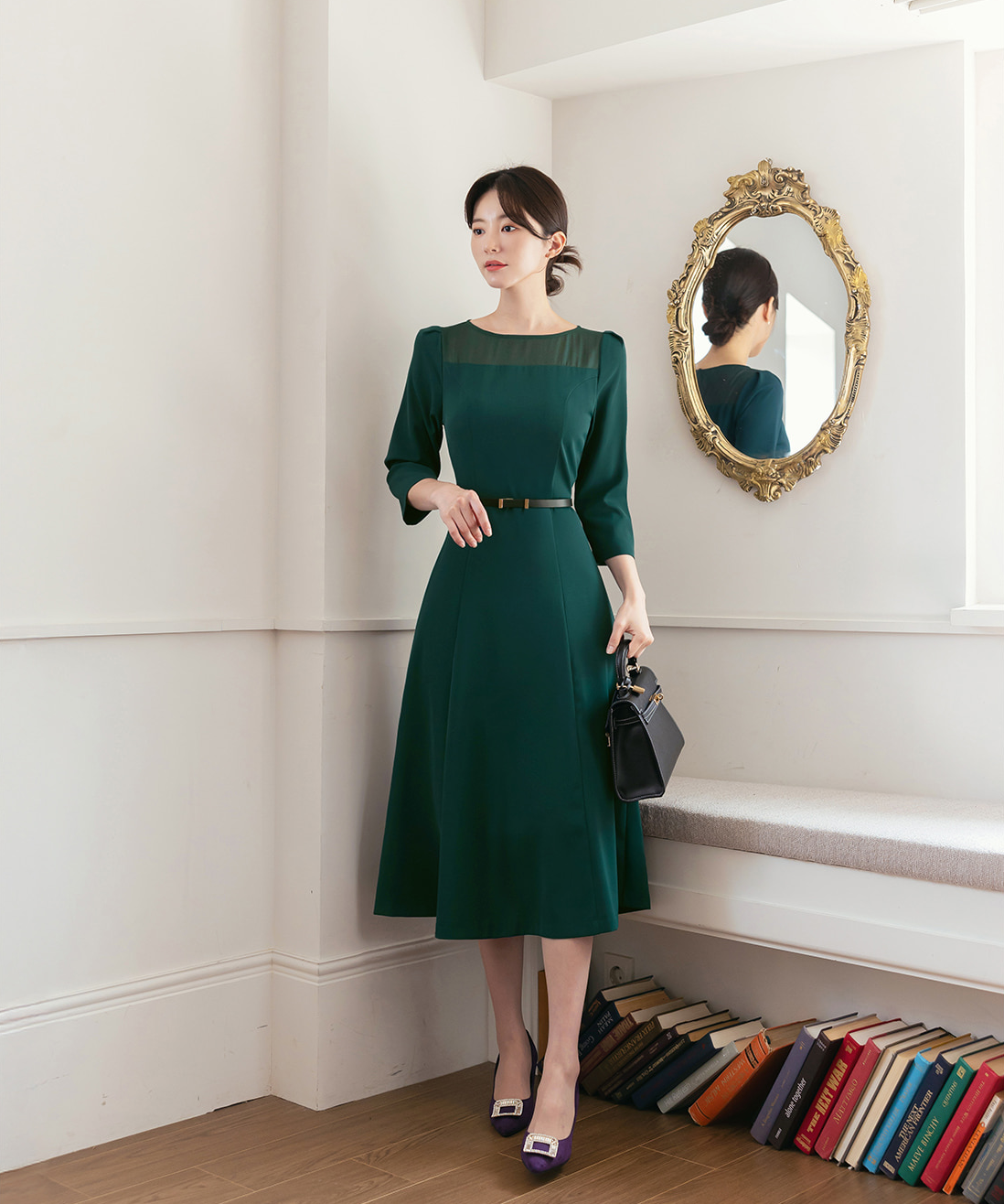 Elegant 3/4 Sleeve Belted Dress with Sheer Neckline Accent