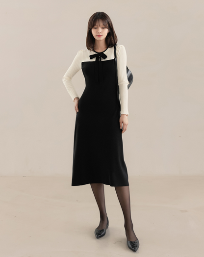 Ivory and Black Color-Blocked Knit Dress