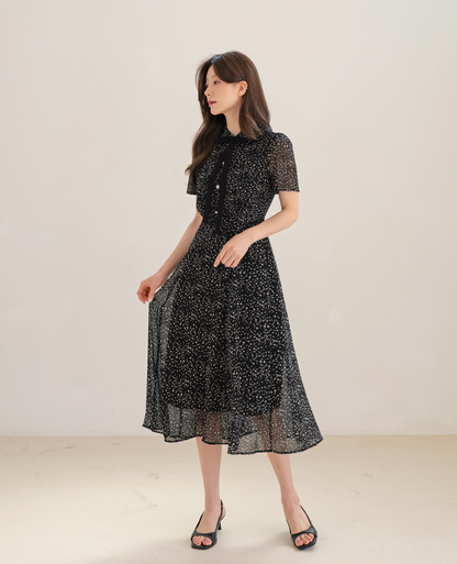 Romantic Chiffon Tie-Neck Dress with Graceful Dot Print