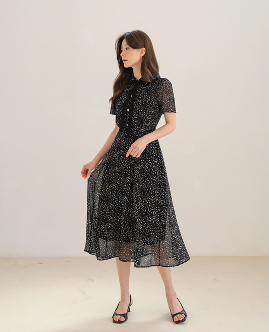 Romantic Chiffon Tie-Neck Dress with Graceful Dot Print